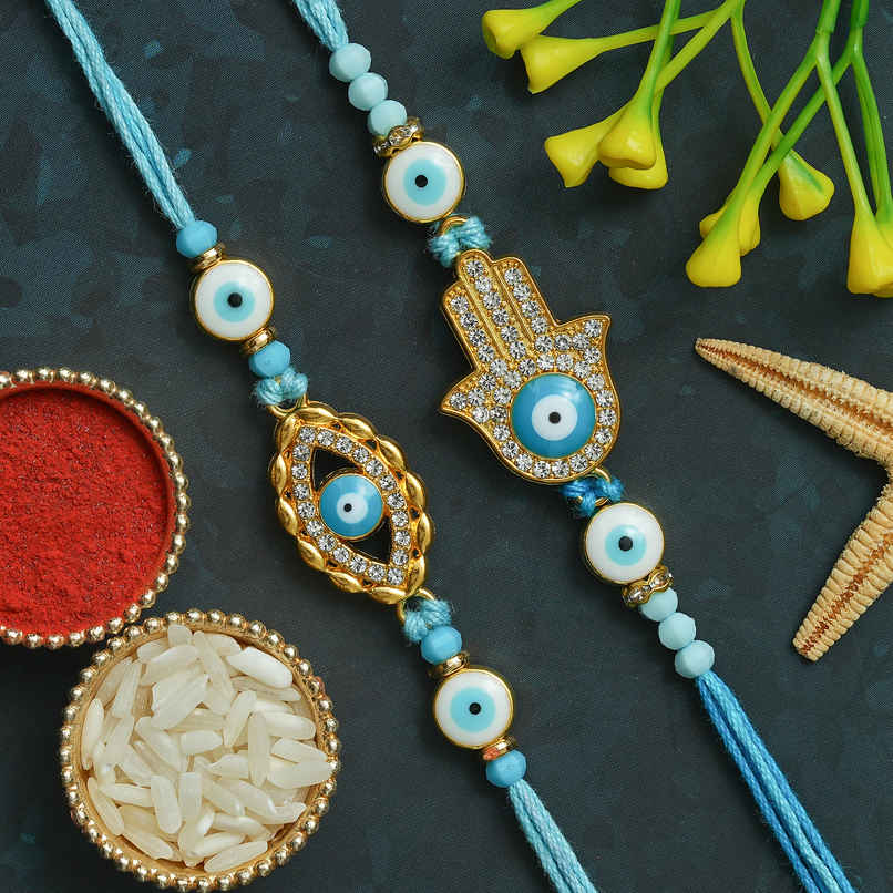 Hamsa Hand Evil Eye Rakhi with Roli Chawal for Brother | Pack of 2 | Ecraftindia