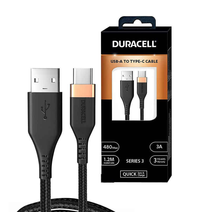 Duracell USB-A To Type C, 65W Braided Sync & Fast Charging Cable, 3.9 Feet (1.2M), QC 2.0/3.0 Ultra Fast Charging, For Samsung, Mi, Realme, OPPO, ONE PLUS, Seamless Data Transmission, Series 3 - Black