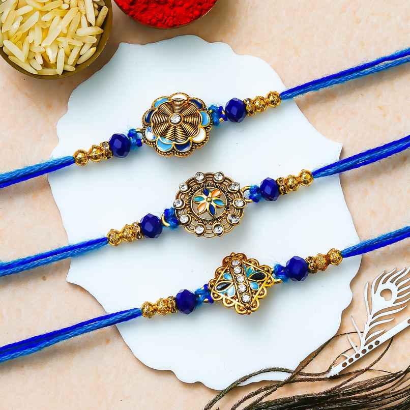 Rakhi for Brother, Bhaiya & Bhabhi | Floral Blue Golden Designer | Meenakari | Includes Roli Chawal | Pack of 3 | Ecraftindia Rakhi for Brother, Bhaiya & Bhabhi | Floral Blue Golden Designer | Meenakari | Includes Roli Chawal | Pack of 3 | Ecraftindia