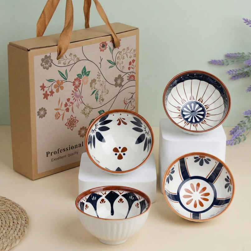 The Earth Store Blue Oriental Ceramic Bowl Set | Microwave & Dishwasher Safe | 300 ml