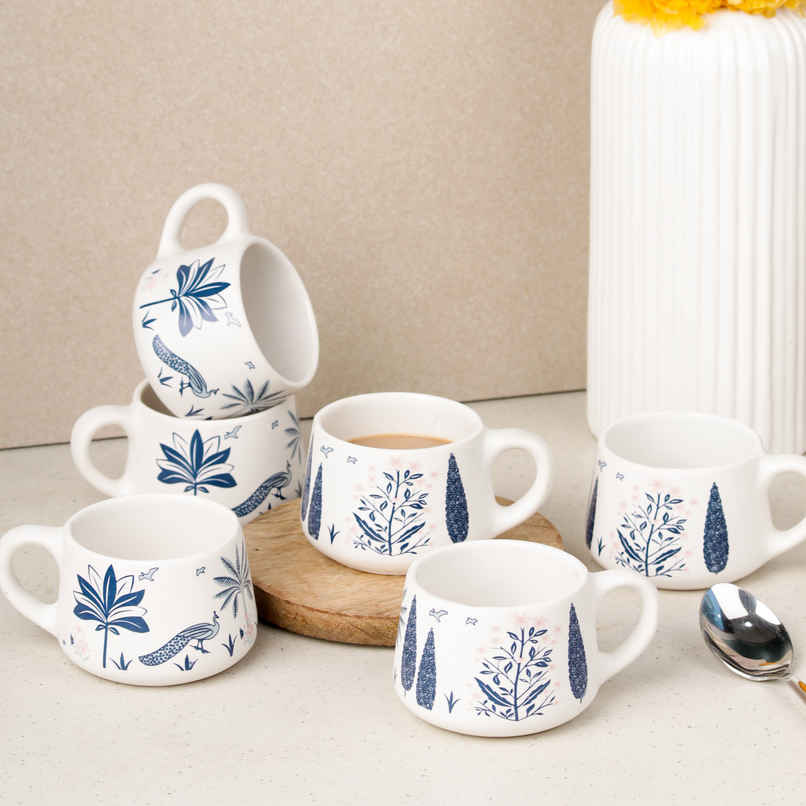 The Earth Store Blue Peafowl Ceramic Tea Cup | 150 ml Each Microwave Oven Safe Coffee Cups