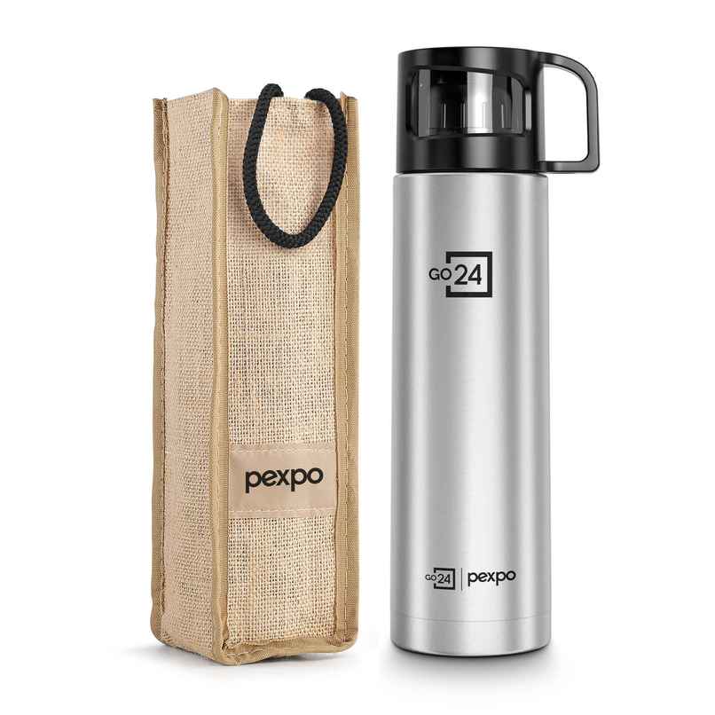 Pexpo Ferrero ISI Certified Vacuum Insulated Hot & Cold Stainless Steel Flask with Jute Bag | 1 L Pexpo Ferrero ISI Certified Vacuum Insulated Hot & Cold Stainless Steel Flask with Jute Bag | 1 L