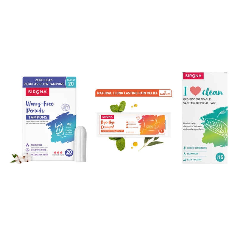 Sirona Regular Flow Tampons | Organic Cotton Core | Ultra-High Absorbency | Leak-Proof Protection (20pc) & Sirona Herbal Period Pain Relief Patches| Relief From Menstrual Cramps | Cool Patches (5pc) & Sirona Sanitary Pads And Diapers Disposal Bag (15pc) Combo Sirona Regular Flow Tampons | Organic Cotton Core | Ultra-High Absorbency | Leak-Proof Protection (20pc) & Sirona Herbal Period Pain Relief Patches| Relief From Menstrual Cramps | Cool Patches (5pc) & Sirona Sanitary Pads And Diapers Disposal Bag (15pc) Combo