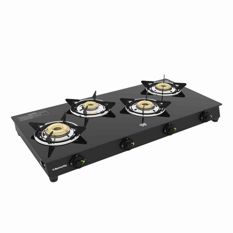 Butterfly Alpha Max 4 Burner Glass Top Gas Stove | Tri-Flow Jumbo Burner