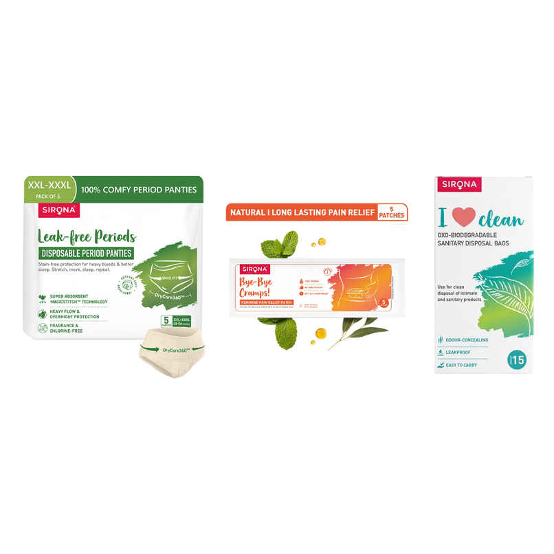 Sirona Disposable Period Panties 2Xl-3Xl, 5X More Absorption, 100% Rash Free, Leak-Proof (5pc) & Sirona Herbal Period Pain Relief Patches| Relief From Menstrual Cramps | Cool Patches (5pc) & Sirona Sanitary Pads And Diapers Disposal Bag (15pc) Combo Sirona Disposable Period Panties 2Xl-3Xl, 5X More Absorption, 100% Rash Free, Leak-Proof (5pc) & Sirona Herbal Period Pain Relief Patches| Relief From Menstrual Cramps | Cool Patches (5pc) & Sirona Sanitary Pads And Diapers Disposal Bag (15pc) Combo
