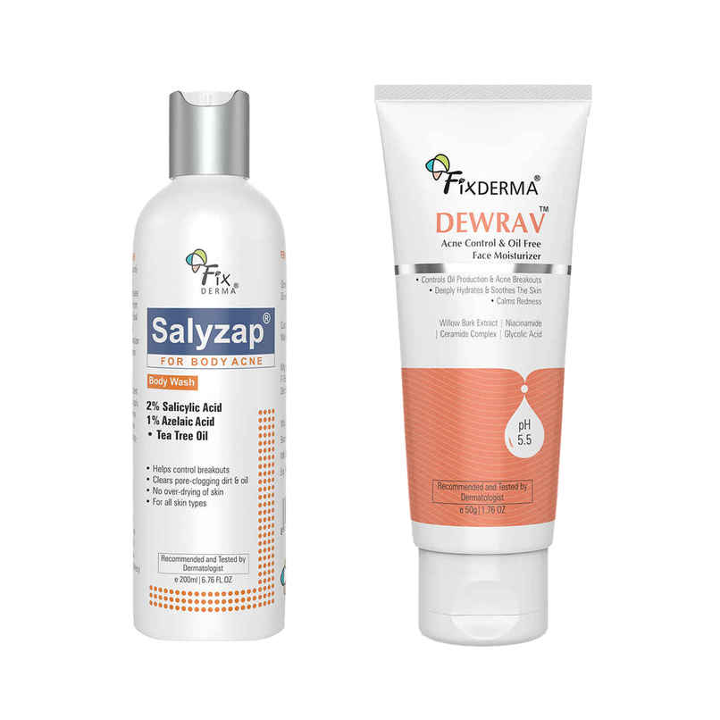 Fixderma Salyzap 2% Salicylic Acid Body Wash For Acne On Back, Shoulders & Arms (200g) & Fixderma Dewrav Acne Control & Oil Free Face Moisturizer With Glycolic Acid & Ceramide (50g) Combo