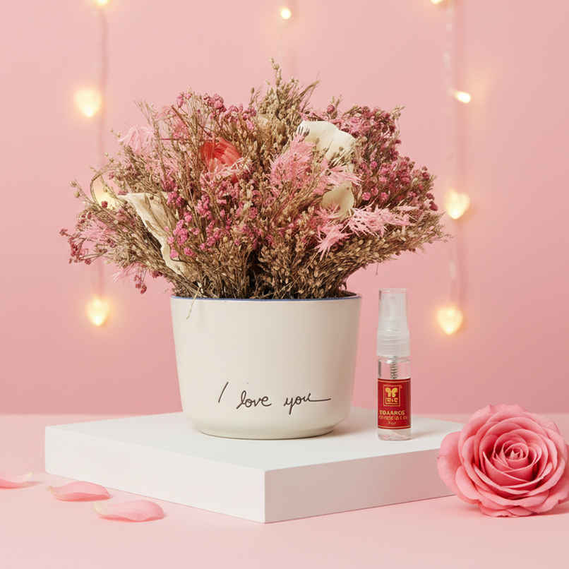 Pink Blossom Dry Flowers in Ceramic Vase with Fragrance Spray | Ideal for Gifting | IRIS