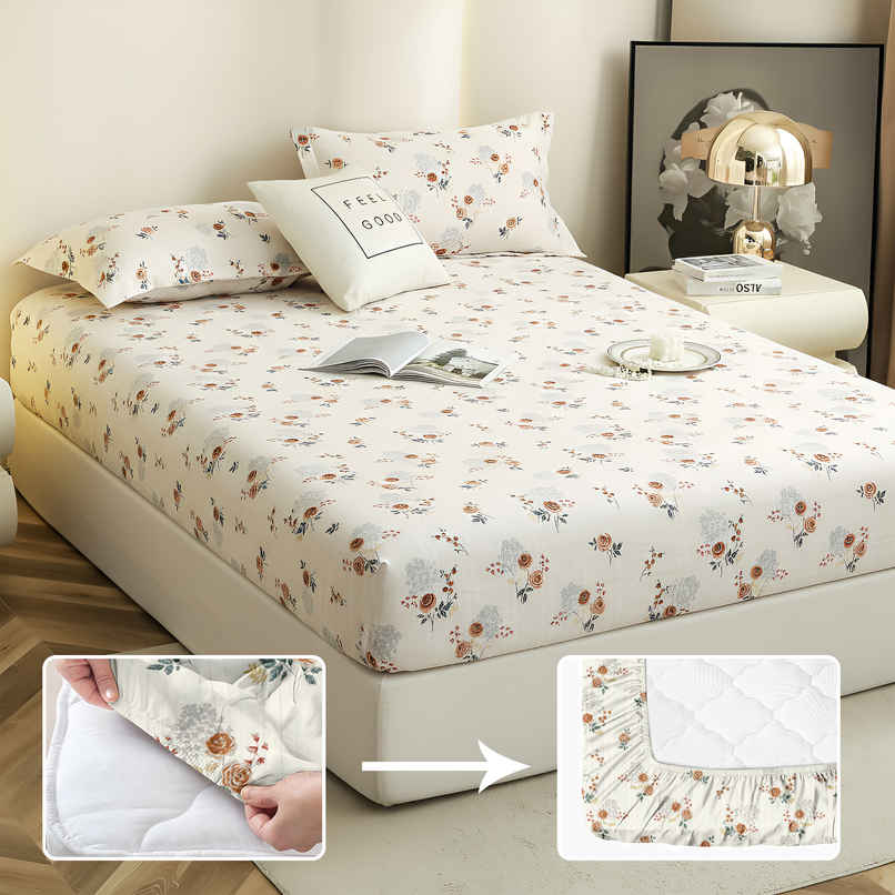 Story@Home Cotton Blend King Fitted 210 TC Floral Bedsheet with 2 Pillow Covers | White & Brown Story@Home Cotton Blend King Fitted 210 TC Floral Bedsheet with 2 Pillow Covers | White & Brown