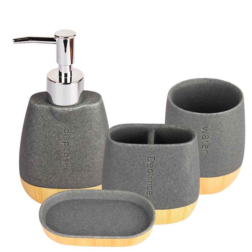 UMAI Polyresin Bathroom Set | Soap Holder | Liquid Soap Dispenser | Tumbler and Toothbrush Holder | Moisture Resistant | Scratch Proof | Grey