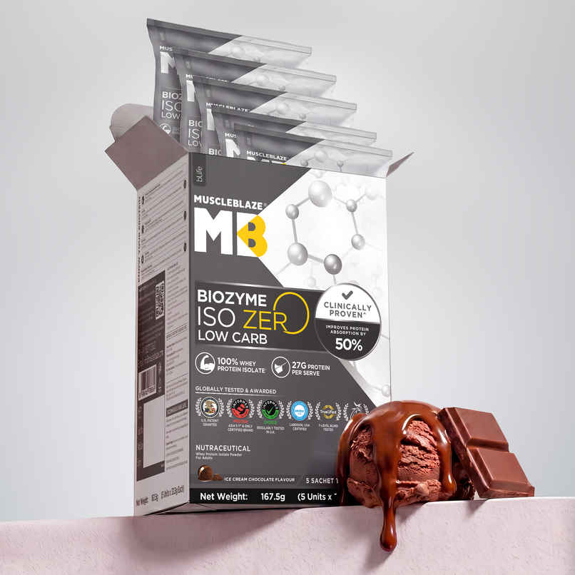 MuscleBlaze Biozyme Iso Zero Whey Protein Isolate Ice Cream Chocolate 5 Sachet Travel Pack