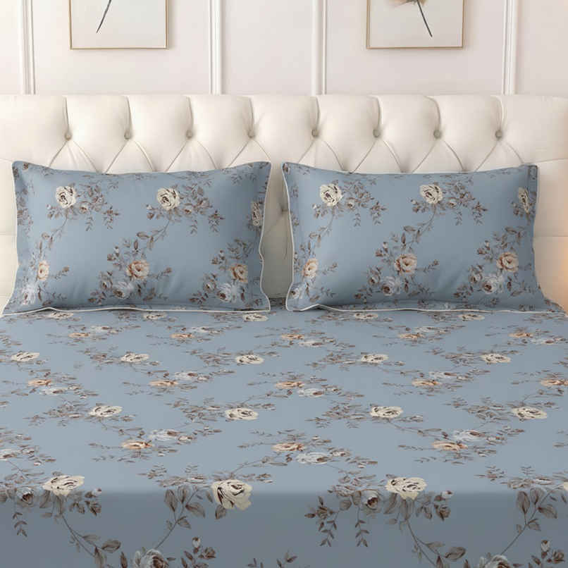 Raymond Home 120 GSM Hazel Floral Double Bedsheet with 2 Pillow Covers Blue