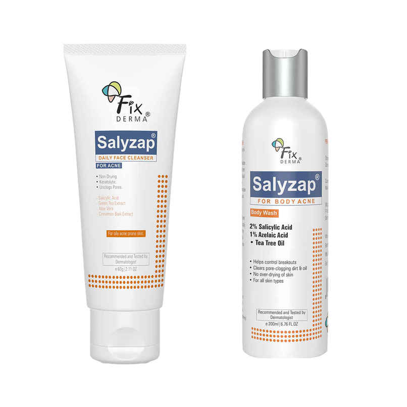 Fixderma Salyzap 2% Salicylic Acid Body Wash For Acne On Back, Shoulders & Arms (200g) & Fixderma 2% Salicylic Acid Salyzap Face Cleanser For Oily & Acne Prone Skin Face Wash (60g) Combo