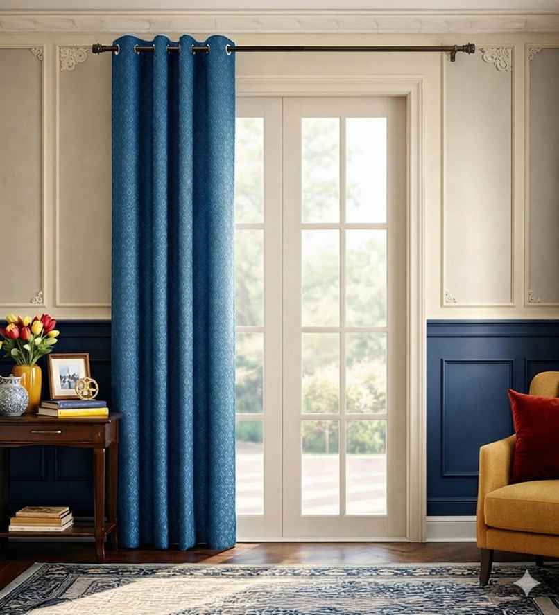 CasaCraft Pepperfry Door Curtain 7ft Blue Geometric Dobby Weave 100% Cotton Light Filtering Eyelet CasaCraft Pepperfry Door Curtain 7ft Blue Geometric Dobby Weave 100% Cotton Light Filtering Eyelet