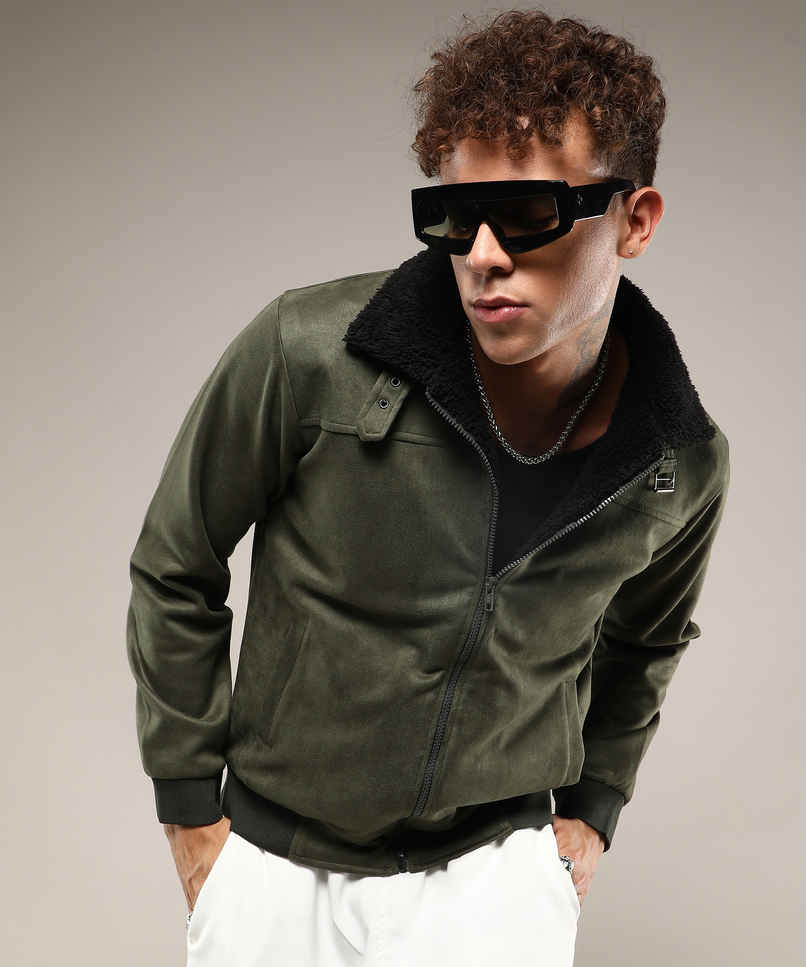 Campus Sutra Men's Fur-Lined Suede Bomber Jacket | Army Green - M Campus Sutra Men's Fur-Lined Suede Bomber Jacket | Army Green - M