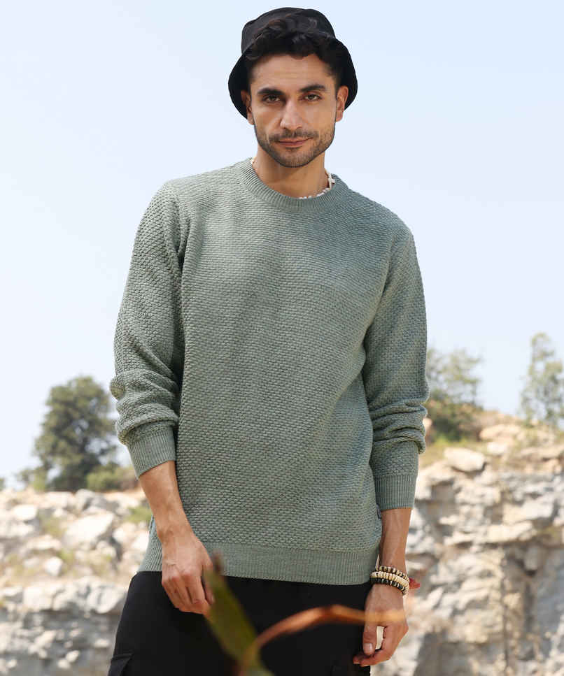 Campus Sutra Men's Textured Knit Pullover Sweater | Sage Green - M