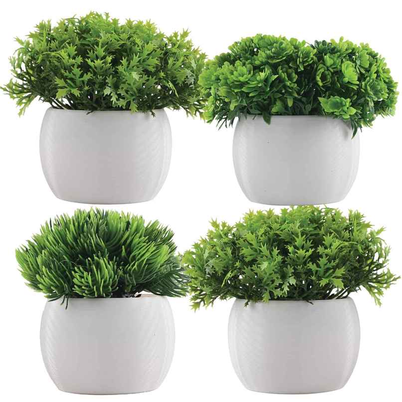 Kuber Industries 4 Pcs Set Plastic Mini Bonsai Artificial Plants with Pot | Puffy - White Kuber Industries 4 Pcs Set Plastic Mini Bonsai Artificial Plants with Pot | Puffy - White