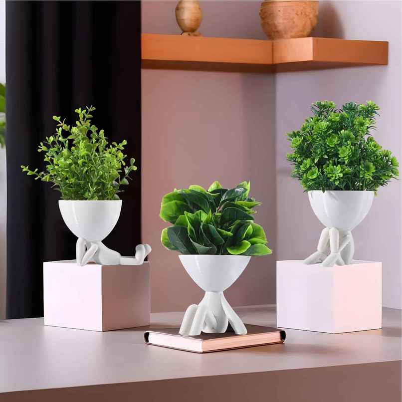 Kuber Industries 3 Pcs Set Plastic Mini Artificial Plants with Pot | Man Shape - White Kuber Industries 3 Pcs Set Plastic Mini Artificial Plants with Pot | Man Shape - White
