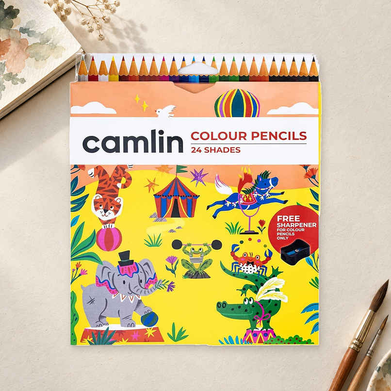 Camlin Colour Pencils Assorted Pack Of 24 Shades With Sharpener, Full Size
