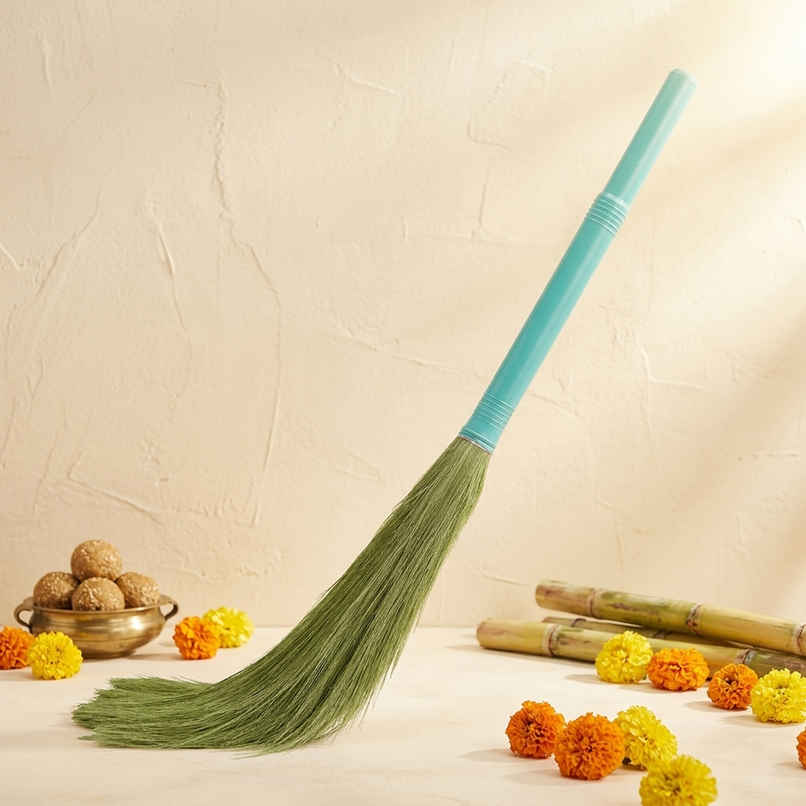Capsicum Broom Phool Jhadu Natural Grass With Heavy Duty Plastic Handle Floor Cleaning Multi-Color