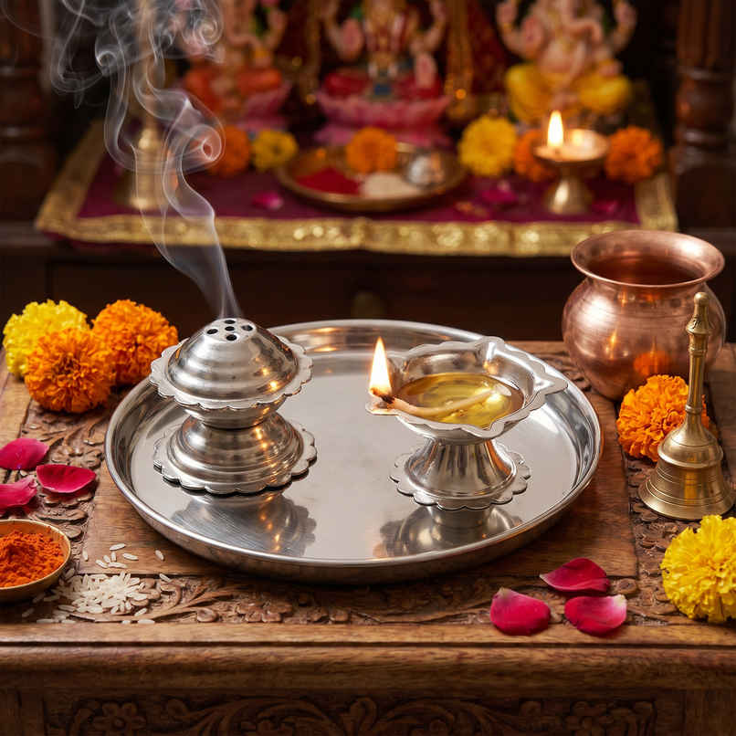 Stainless Steel Thali with Diya & Agarbatti Stand | Mangal Bhawan Stainless Steel Thali with Diya & Agarbatti Stand | Mangal Bhawan