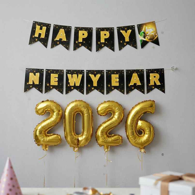 Happy New Year Party Kit | Banner + 2026 Foil Balloons | Party Decoration | Party Needs| Propcon