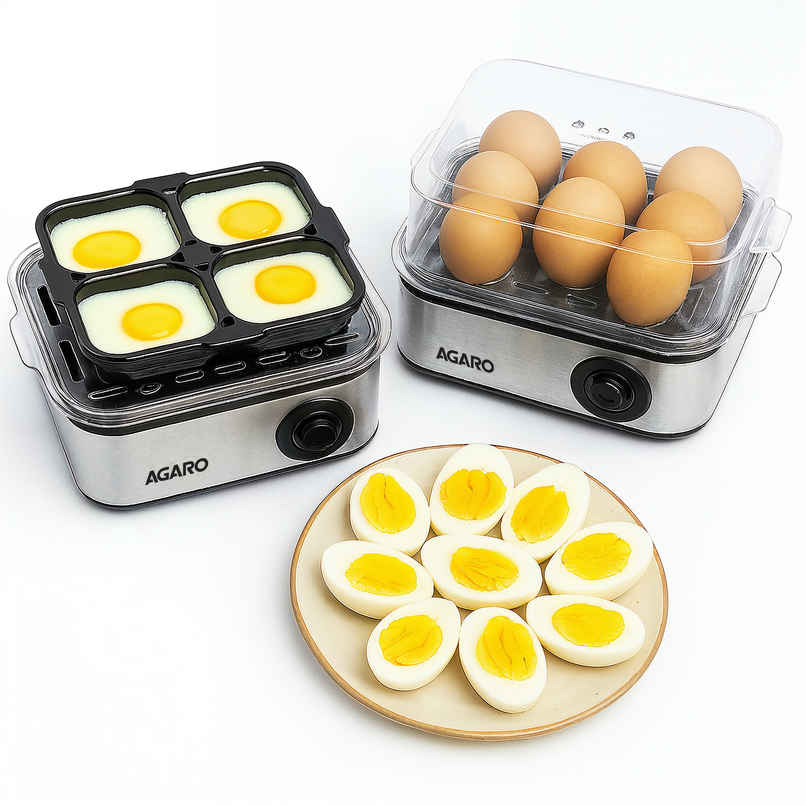 Agaro Grand Egg Boiler And Poacher, 500W, 2-in1 Boils 8 Eggs, Poach 4 Eggs, Steamed Vegetables, 3 Boiling Modes, Stainless Steel Body - Silver Agaro Grand Egg Boiler And Poacher, 500W, 2-in1 Boils 8 Eggs, Poach 4 Eggs, Steamed Vegetables, 3 Boiling Modes, Stainless Steel Body - Silver