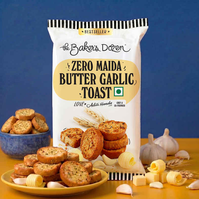 The Baker's Dozen Butter Garlic Zero Maida Toast | Baked Snacks | Healthy Munching | Zero Palm Oil The Baker's Dozen Butter Garlic Zero Maida Toast | Baked Snacks | Healthy Munching | Zero Palm Oil