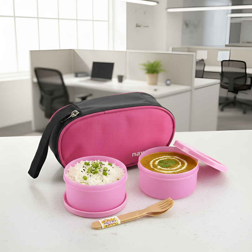 Nayasa Microfresh Crunchy Munchy Plastic Lunch Box Tiffin With Bag | Pink Nayasa Microfresh Crunchy Munchy Plastic Lunch Box Tiffin With Bag | Pink