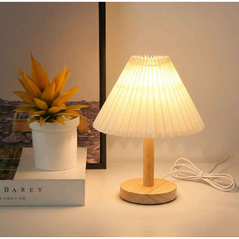 Desidiya DIY Pleated Shade Wooden Table Lamp Home Decor | Lamp for Living Room Warm White