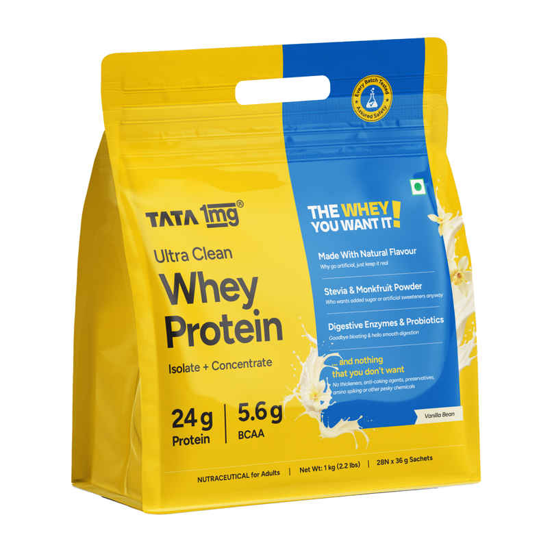 Tata 1mg Ultra Clean Whey Protein | 24g Protein - 5.6g BCAA | Vanilla Bean