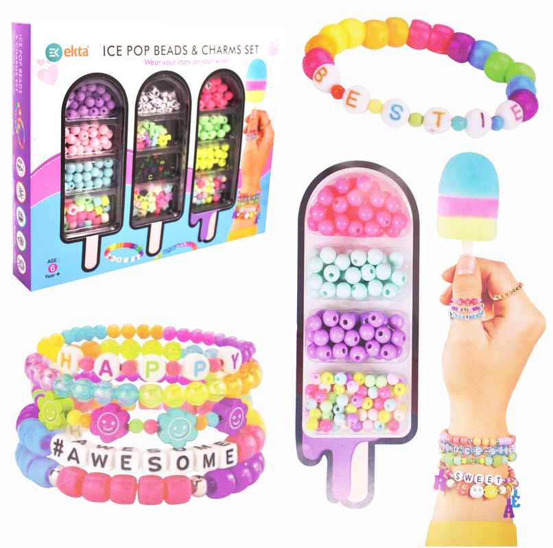 Ekta Ice Pop Beads & Charms Set, Make Your Own Personalized Bracelets & Jewelry Craft Kit for Kids