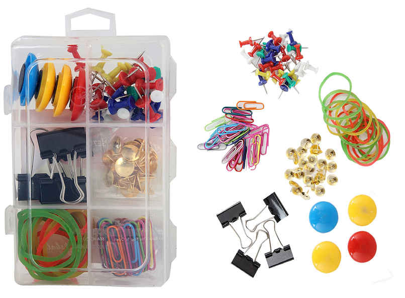 Office Utility Set Box ( Magnets, Binder Clips, U Pins, Thumb Pins, Push Pins and Rubber bands)