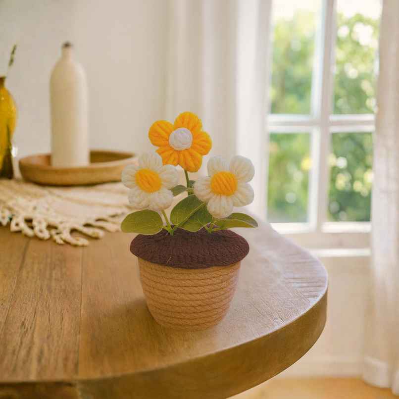 Bosco Handcrafted Crochet Flower Pot 6 Inch | Yellow White Bosco Handcrafted Crochet Flower Pot 6 Inch | Yellow White