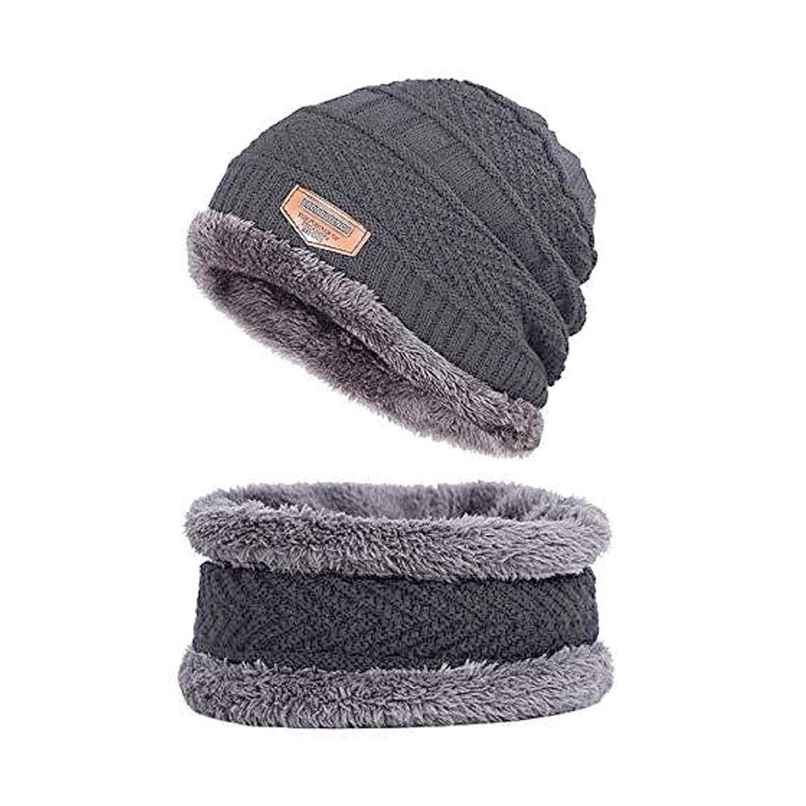 Infispace Winter Woolen Unisex Fur Fleece Lined Beanie Knitted Cap with Neck Warmer | Grey