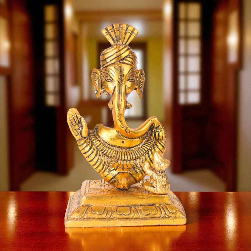 Ganesh Ji Idol with Mooshak Trishul Shape in Gold Polish | Devnidhi Ganesh Ji Idol with Mooshak Trishul Shape in Gold Polish | Devnidhi