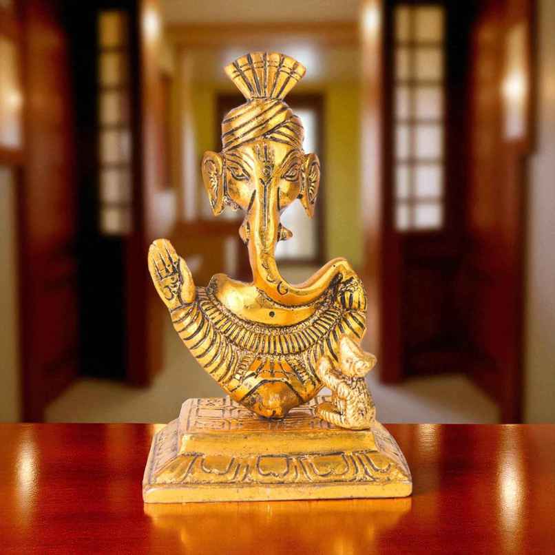 Ganesh Ji Idol with Mooshak Trishul Shape in Gold Polish | Devnidhi