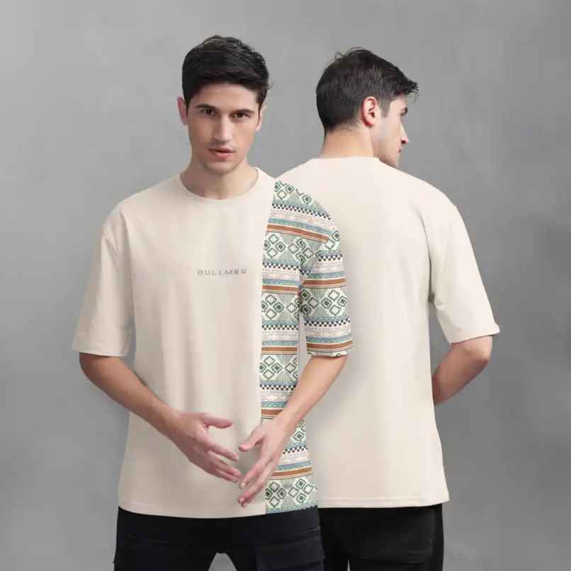 Bullmer Men's Oversized T-shirt Front and Back Printed | Beige |XL