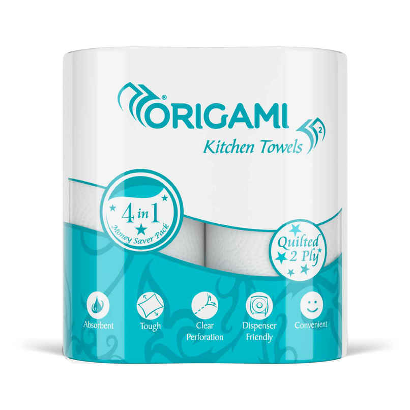 Origami 2Ply Kitchen Tissue Roll Super Absorbent & Tough Pack of 4, 60 Pulls Per Roll