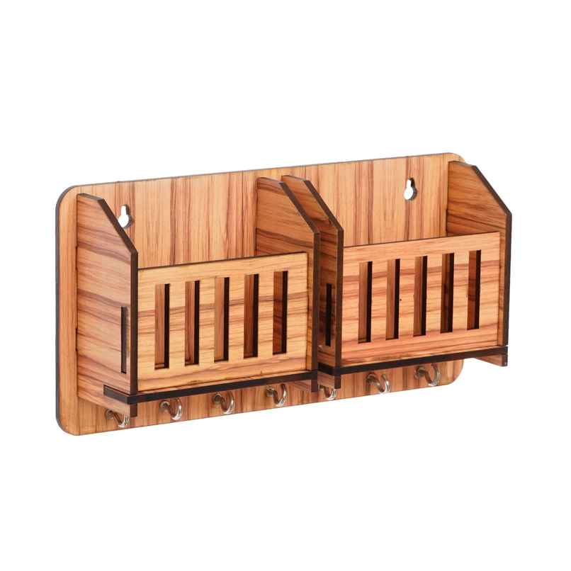 eCraftIndia Brown Multiutility 7 Hooks Wooden Key Holder And Mobile Holder