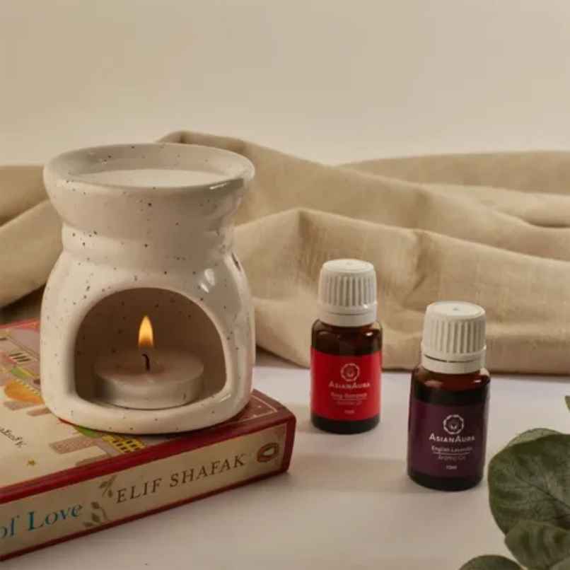 Asian Aura Ceramic Candle Diffuser with Rosy Romance & Lavender Oils | 10 ml Each + Tea Light