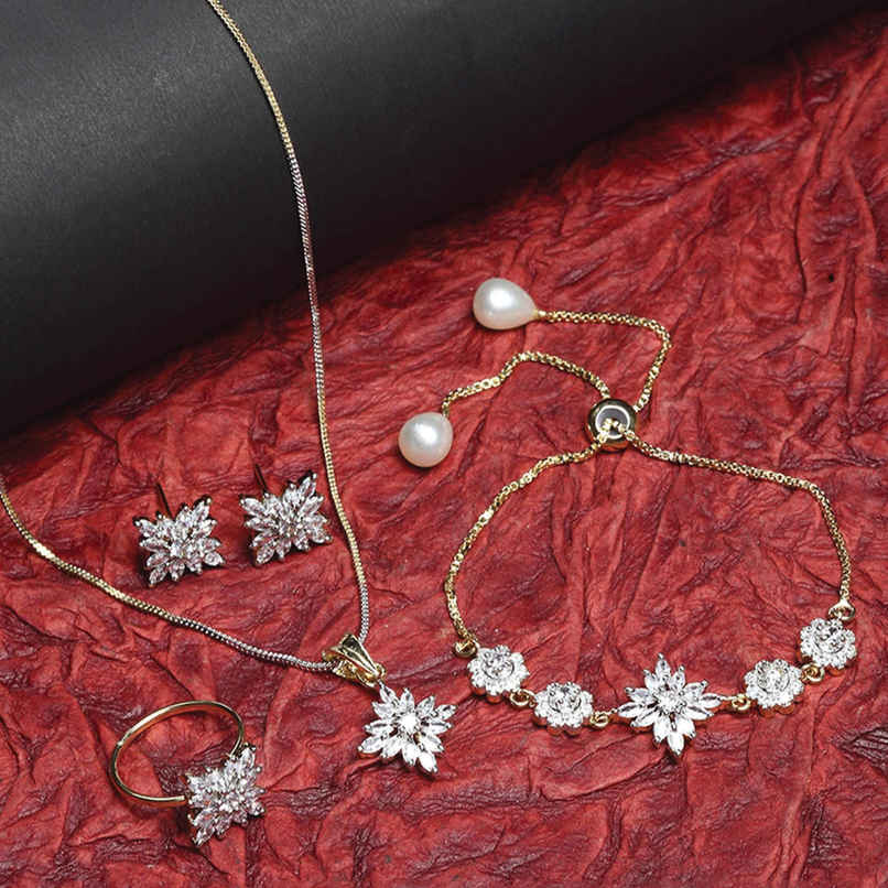 Zeneme Cubic Zirconia Gold Plated Elegant Pendant Set With Bracelet Ring Jewellery For Women