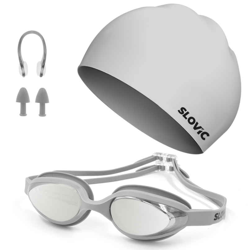 Slovic Swimming Kit with Goggles & Cap - Anti-Fog Comfortable Fit, Leak-Proof Frame - Grey