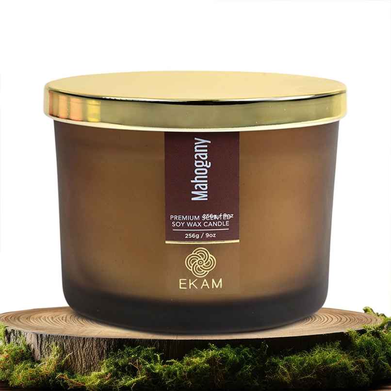 Ekam Mahogany Scented 3 Wick Soy Candle | Home Decor Ekam Mahogany Scented 3 Wick Soy Candle | Home Decor