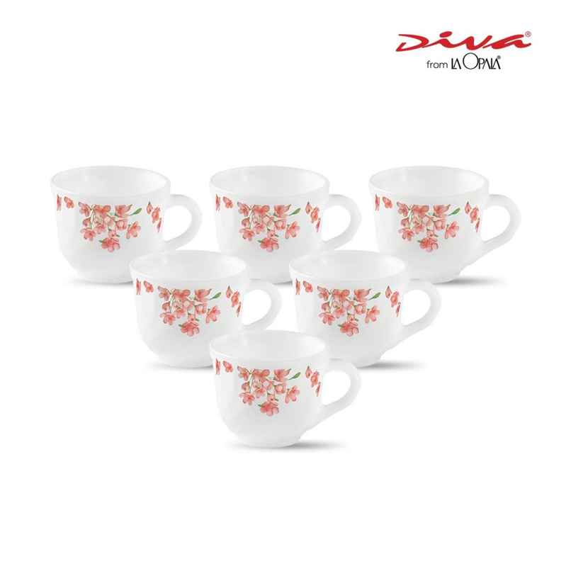 La Opala Diva Cup Set Tulip 160 ml Set of 6 Aster Pink Opal Glass Cups for Tea & Coffee, White