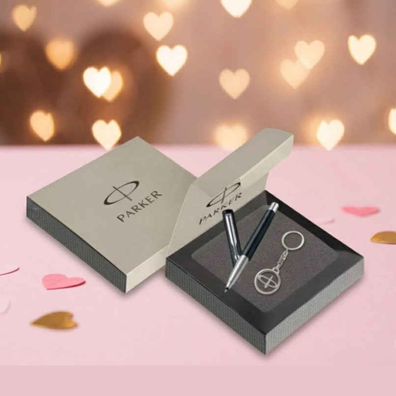 Parker Vector Standard Chrome Trim Roller Ball Pen with Silver Key Chain Gift Set | Ink Color- Black
