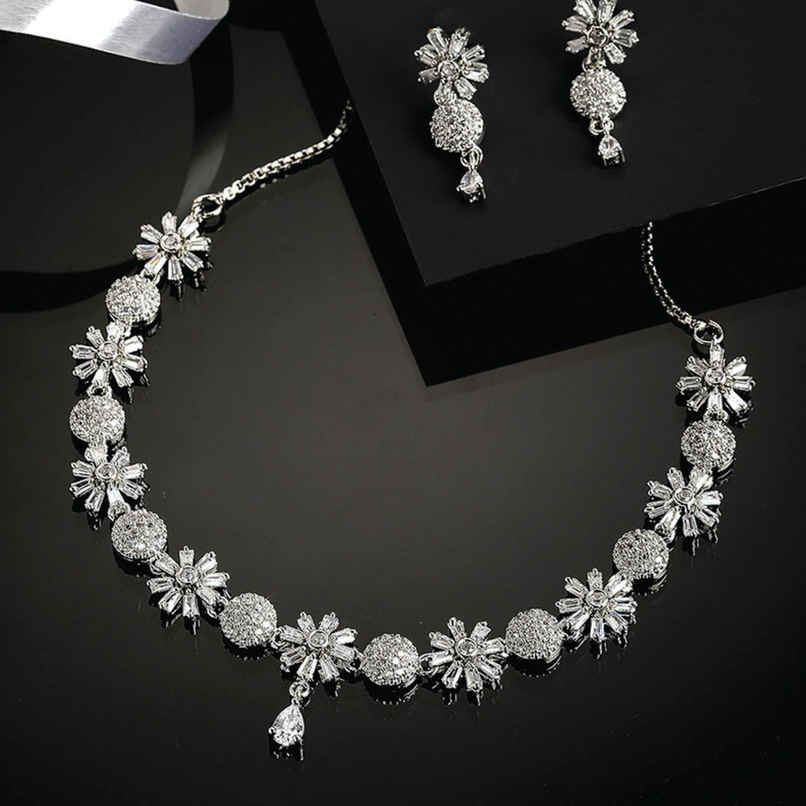 Zeneme Rhodium-Plated American Diamond Flower Necklace & Earrings Jewellery Set For Women & Girls