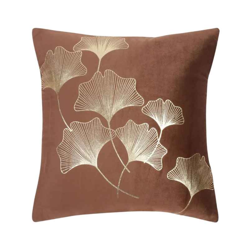 Hosta Homes Soft Velvet Leaf Pattern Golden Foil Printed Brown Cushion Covers | Pack of 2