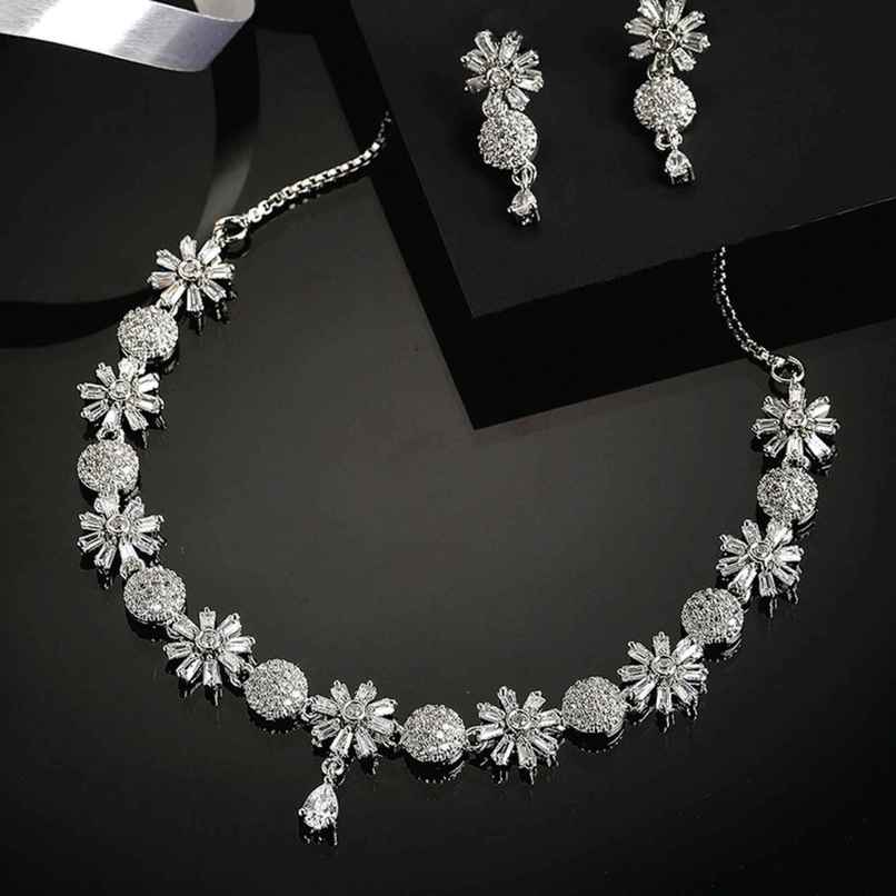 Zeneme Rhodium-Plated American Diamond Flower Necklace & Earrings Jewellery Set For Women & Girls
