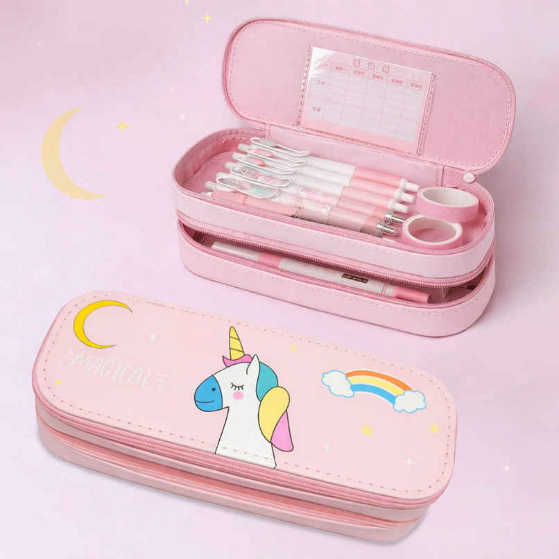 Toyshine Unicorn 2 Layer Large Capacity Pencil Pouch Handheld | Pink