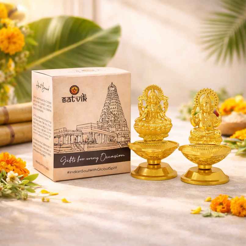 Metal Lakshmi Ganpati Diya | Gold | Traditional | Diya-Pooja | Satvik